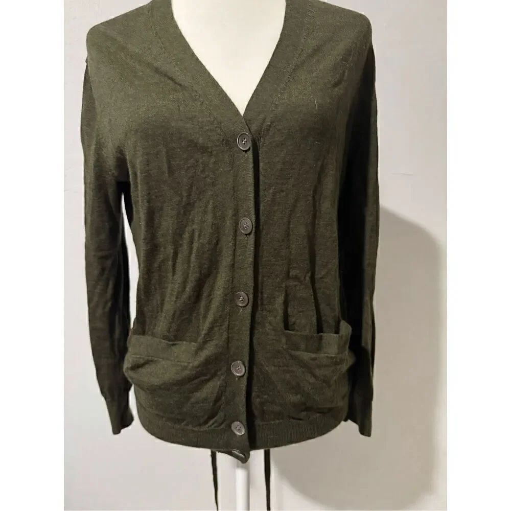 J. Crew olive green 100% merino Wool cardigan tie sweater S button front - Picture 6 of 7